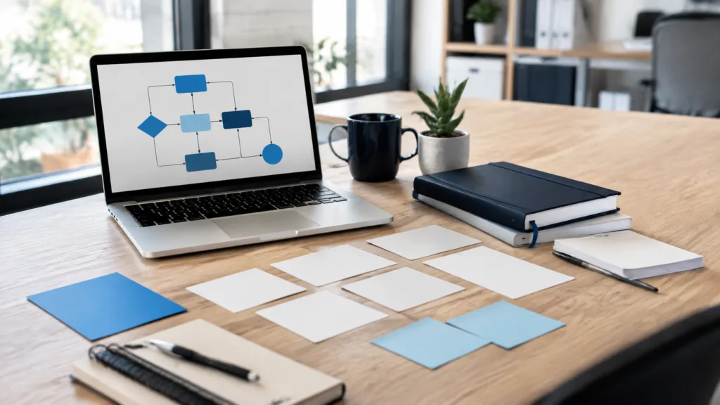 Best AI Tools for Small Business in 2026: A Practical Shortlist 1 AI workflow planning desk with a laptop, flowchart and task cards
