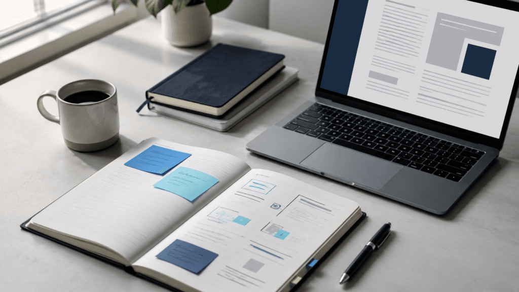 How to Build an AI-Assisted Content Brief 4 AI-assisted content planning desk with a laptop, notebook and briefing cards