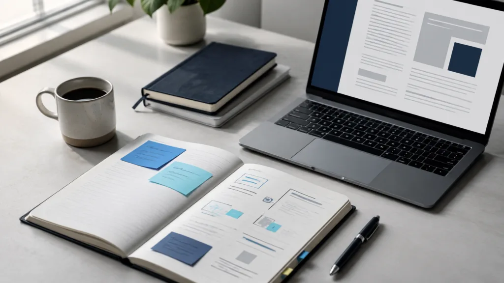 AI-assisted content planning desk with a laptop, notebook and briefing cards